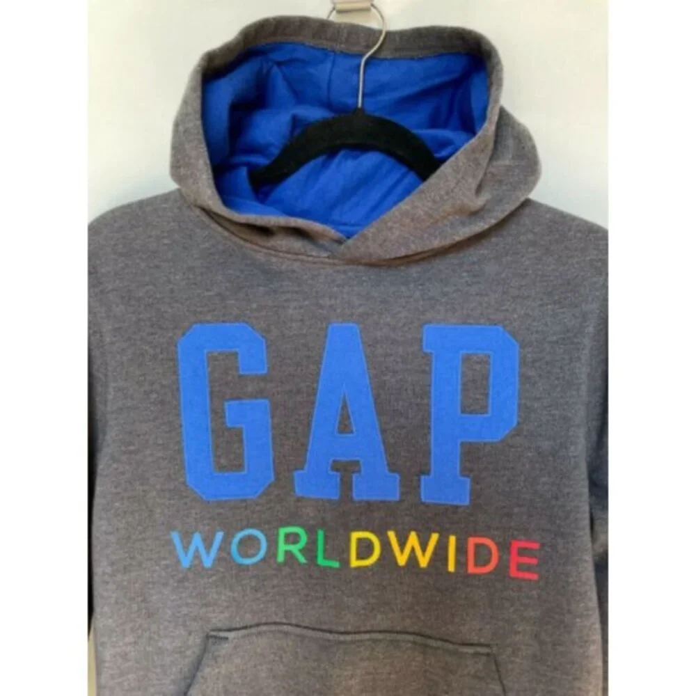 GAP Kids Worldwide Hoodie Gray Spellout Pullover Youth XL Fleece‎